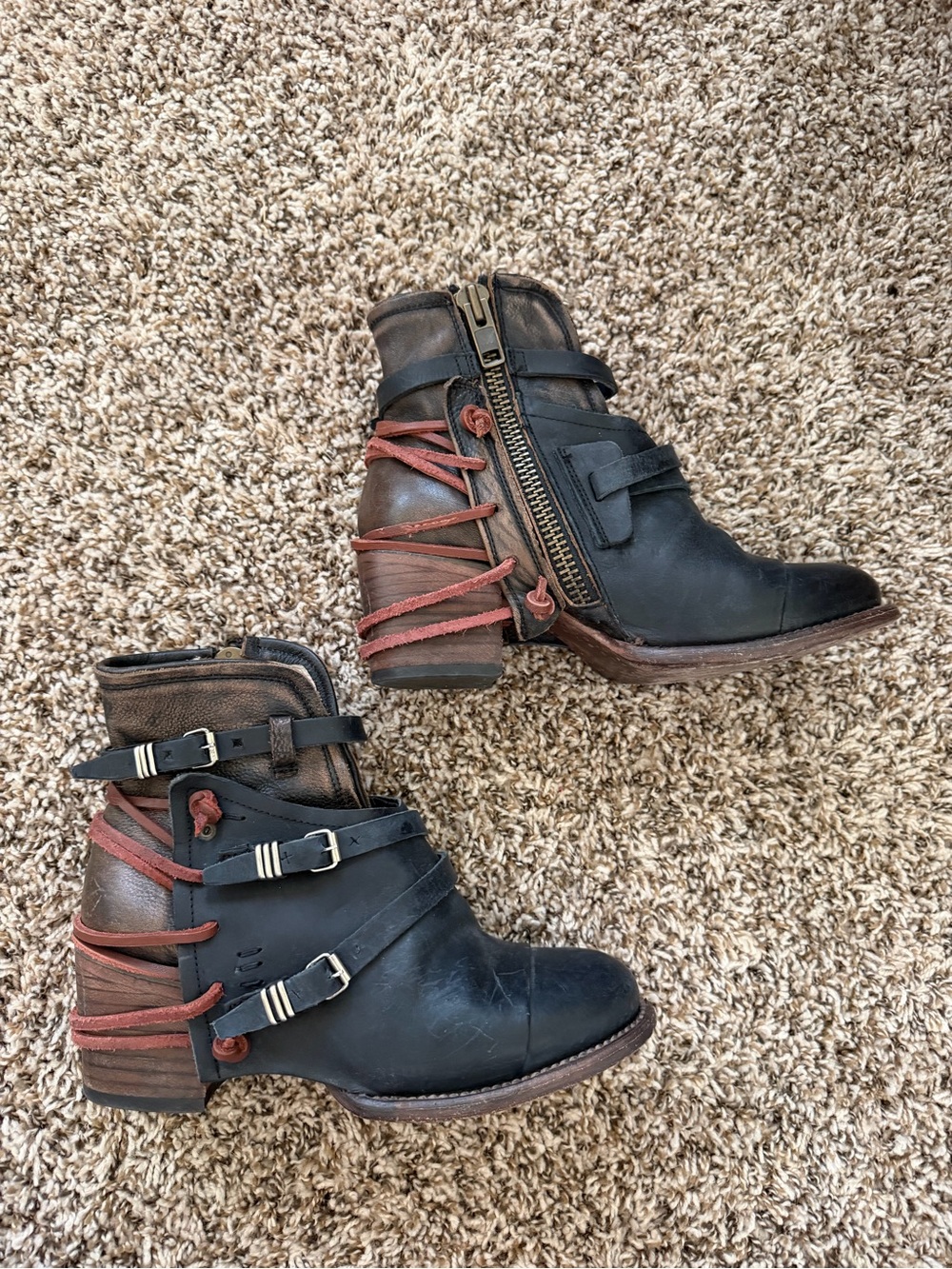 Freebird Crue Brown Leather Ankle Booties with Red Wrap Laces